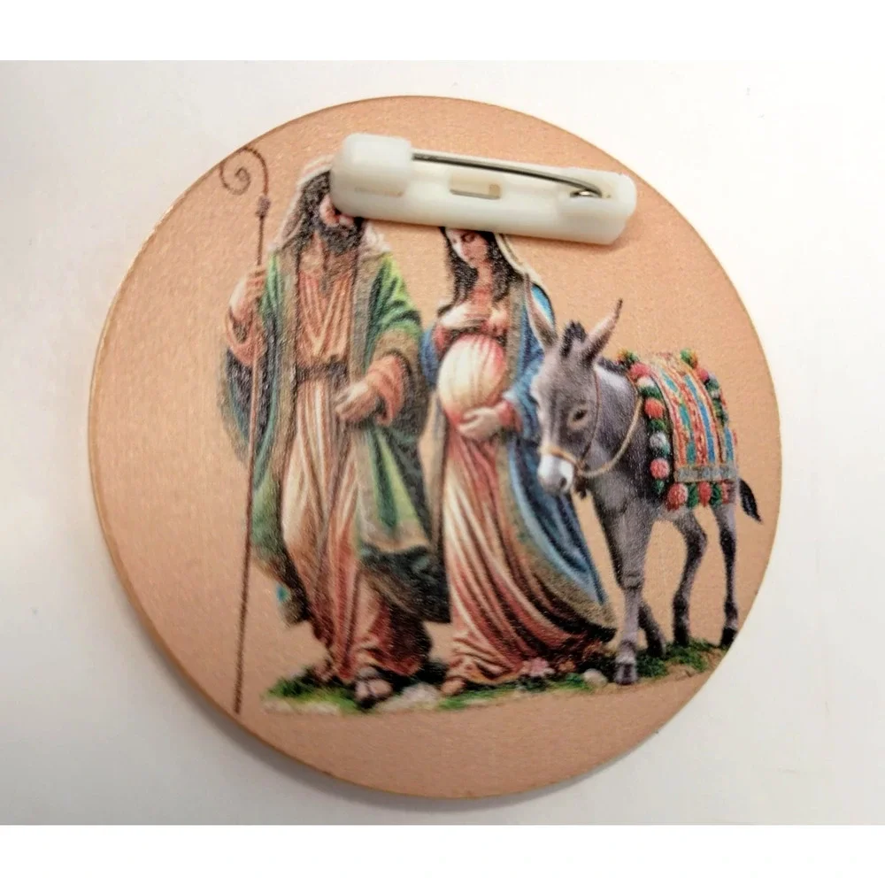 Rustic Christmas Nativity Holy Family Pin Back‎ Button Mary Donkey Joseph New